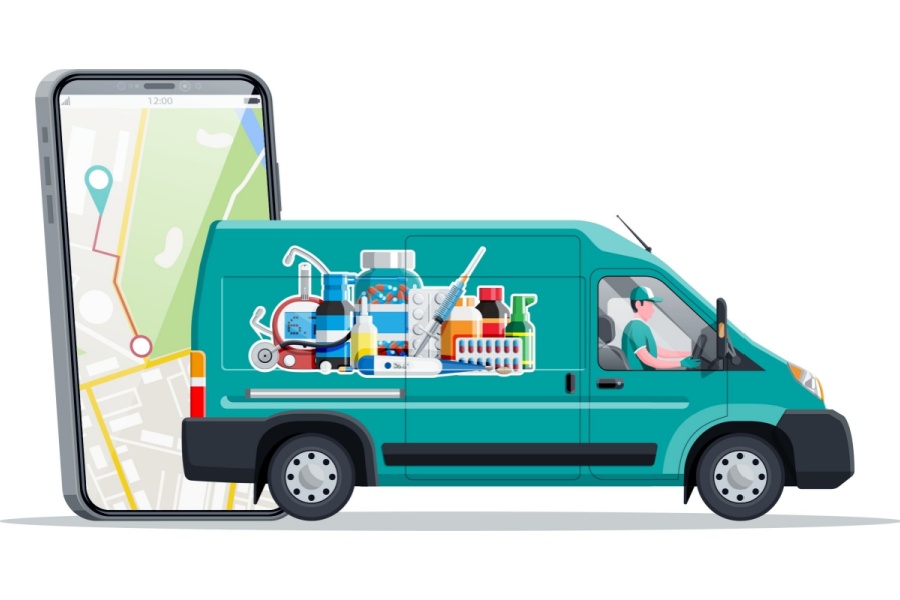 Illustration of a delivery van with medical supplies