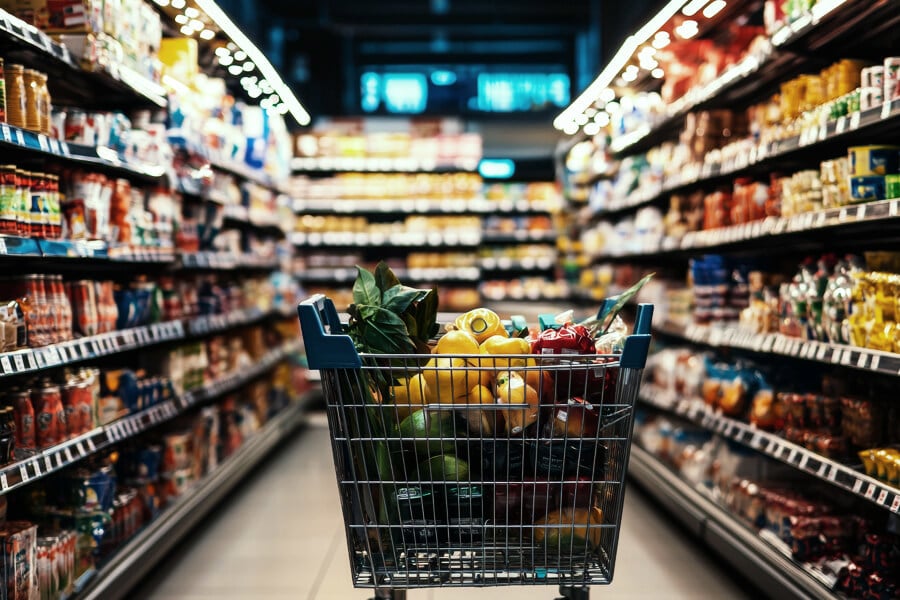 Isla de tienda de comestibles llena de alimentos preenvasados.